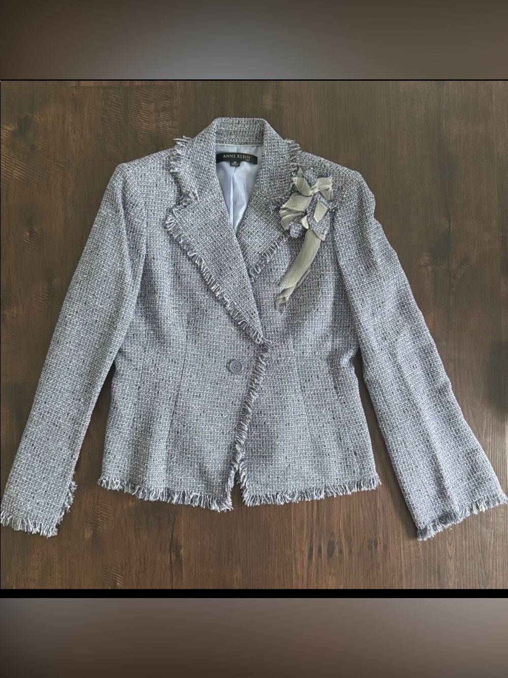 ANNE KLEIN BLUE TWEED JACKET MATCHING FLUTTER SKIRT SET FRINGE NEW WITH TAGS - Picture 8 of 13